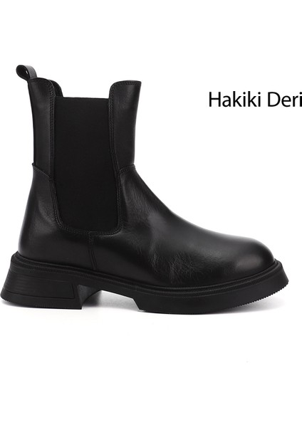 Kadın Siyah Kalın Taban Hakiki Deri Chelsea Bot