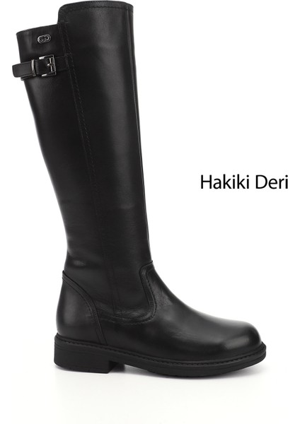 Kadın Siyah Fermuarlı Kauçuk Taban Hakiki Deri Çizme