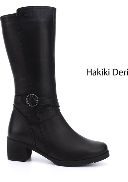 Gön Hakiki Deri Yuvarlak Burun Kauçuk Taban Topuklu Fermuarlı Kadın Çizme 46575