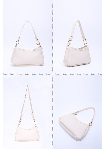 Krem SHK113 Suni Deri Astarlı Fermuarlı Ayarlanabilir Askılı El, Kol ve Omuz Çantası