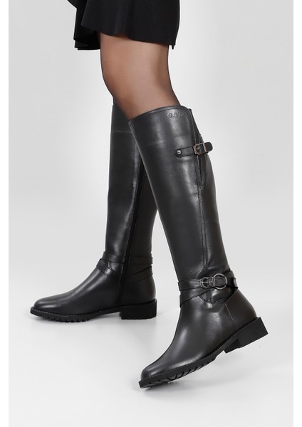 Kadın Siyah Fermuarlı Kauçuk Taban Hakiki Deri Çizme fiyatları