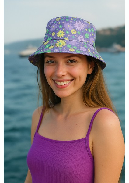 Mor Çiçekli Yaz Kadın Şapka - RB1344