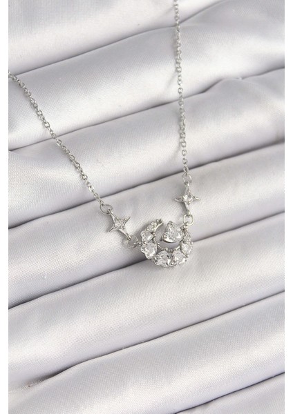 316L Çelik Gümüş Renk Zirkon Taşlı Hilal Kalp Model Kadın Kolye