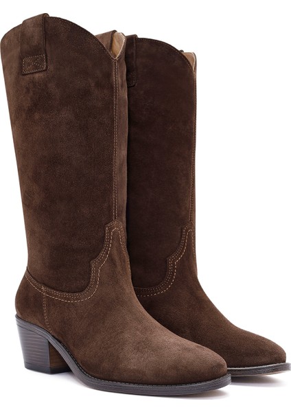 Kadın Kahverengi Kalın Topuklu Süet Deri Kovboy Çizme 25WFD140510 indirimleri