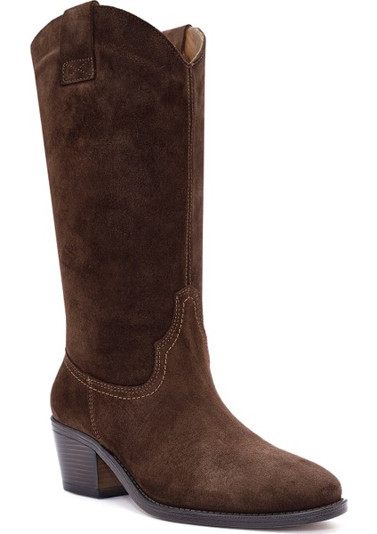 Kadın Kahverengi Kalın Topuklu Süet Deri Kovboy Çizme 25WFD140510