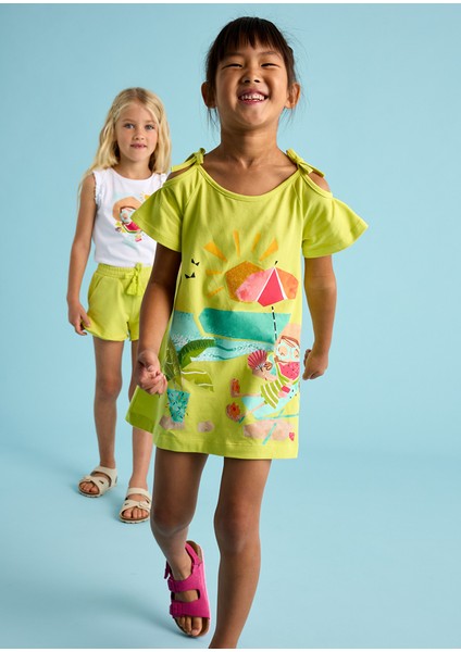 04-08 Yaş Kız Çocuk Limon Yeşili Aplikeli Elbise - Limon Yeşili