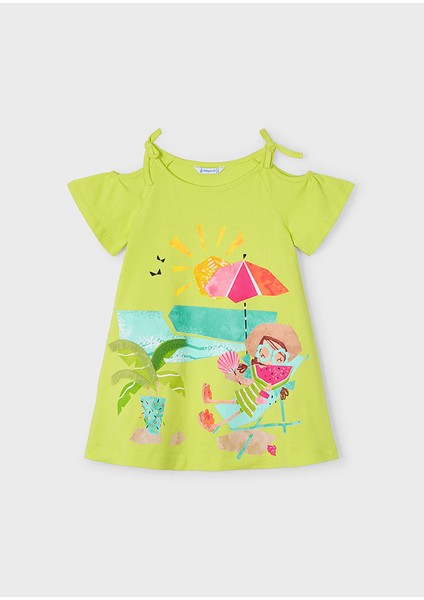 04-08 Yaş Kız Çocuk Limon Yeşili Aplikeli Elbise - Limon Yeşili modelleri