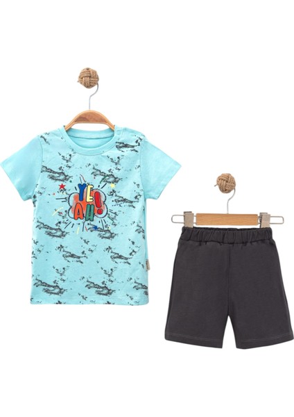 Yeah Baskılı Tshırt Şort Takım Turkuaz
