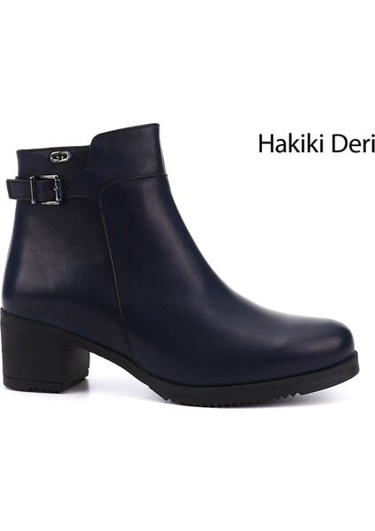 Kadın Lacivert Fermuarlı Kalın Topuklu Hakiki Deri Bot