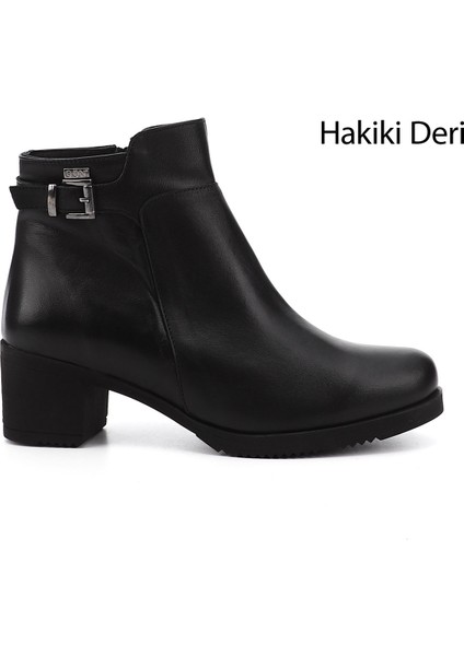 Kadın Siyah Fermuarlı Kalın Topuklu Hakiki Deri Bot