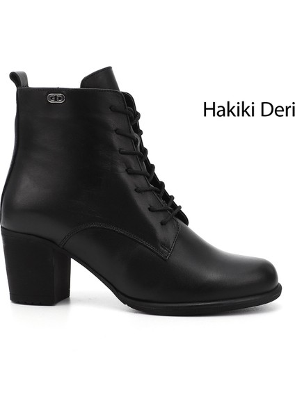 Kadın Siyah Fermuarlı Kalın Topuklu Hakiki Deri Postal Bot