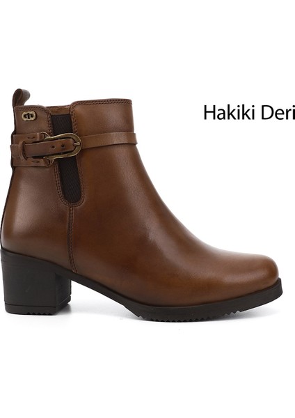 Kadın Taba Fermuarlı Kalın Topuklu Hakiki Deri Bot