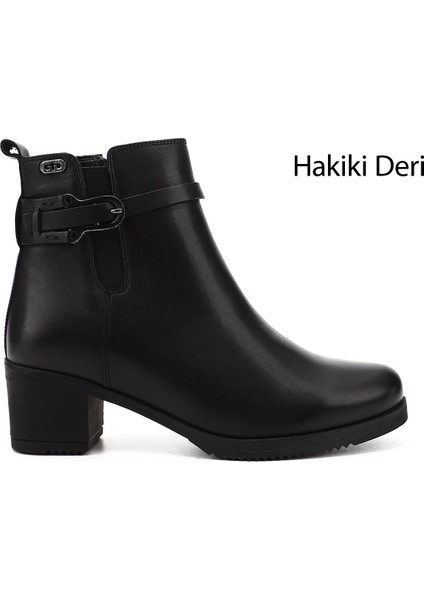 Kadın Siyah Fermuarlı Kalın Topuklu Hakiki Deri Bot