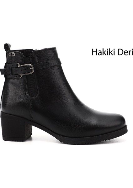 Kadın Siyah Fermuarlı Kalın Topuklu Hakiki Deri Bot