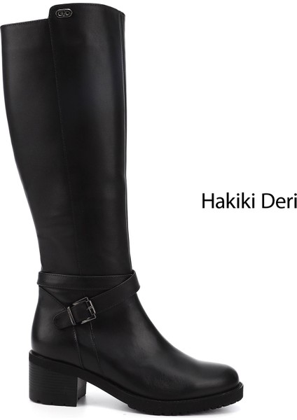 Kadın Siyah Fermuarlı Kalın Topuklu Hakiki Deri Çizme