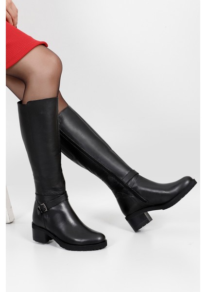 Kadın Siyah Fermuarlı Kalın Topuklu Hakiki Deri Çizme fiyatları
