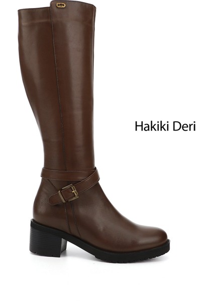 Kadın Kahve Antik Fermuarlı Kalın Topuklu Hakiki Deri Çizme