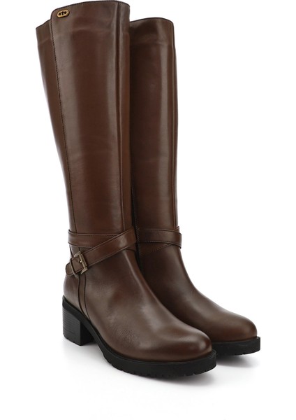 Kadın Kahve Antik Fermuarlı Kalın Topuklu Hakiki Deri Çizme modelleri