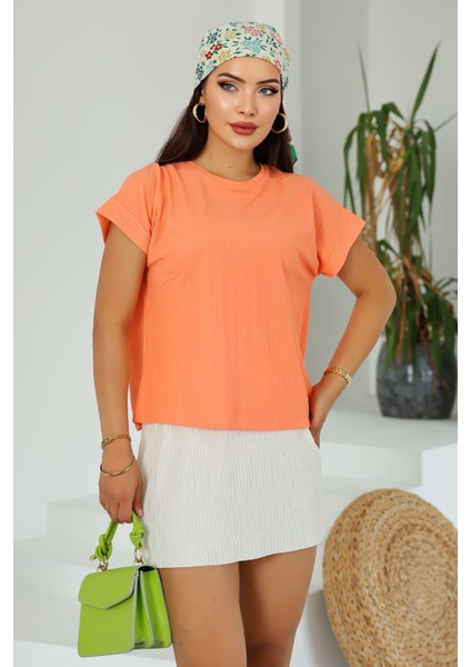 Moda Kadın Turuncu Basic Kısa Kollu Yuvarlak Yaka Yazlık Rahat Fit Bluz - Üst - T-Shirt