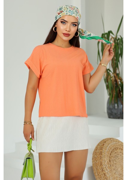 Moda Kadın Turuncu Basic Kısa Kollu Yuvarlak Yaka Yazlık Rahat Fit Bluz - Üst - T-Shirt fiyatları