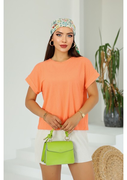 Moda Kadın Turuncu Basic Kısa Kollu Yuvarlak Yaka Yazlık Rahat Fit Bluz - Üst - T-Shirt fırsatları