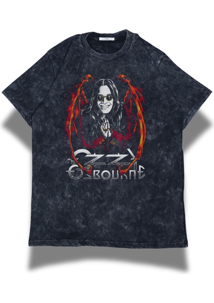 Unisex Ozzy Osbourne Baskılı Yıkamalı Tişört, Oversize Rock-Metal Baskılı Eskitme T-Shirt
