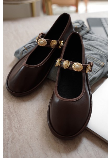 Kadın Bantlı Gold Tokalı Babet Semura Kahve indirimleri