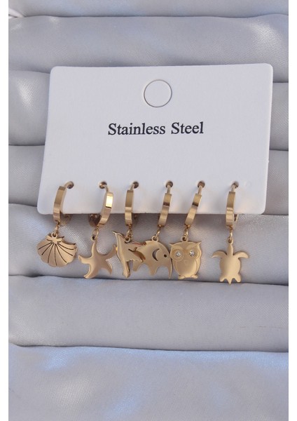 316L Çelik Gold Renk Zirkon Taşlı Hayvan Figürlü Deniz Yıldızı Model Halka Küpe Seti - TJ-BKP9155