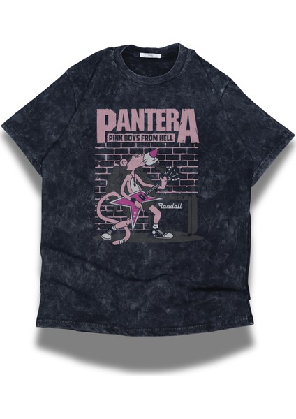 Unisex Pantera Baskılı Yıkamalı Tişört, Oversize Rock-Metal Baskılı Retro T-Shirt