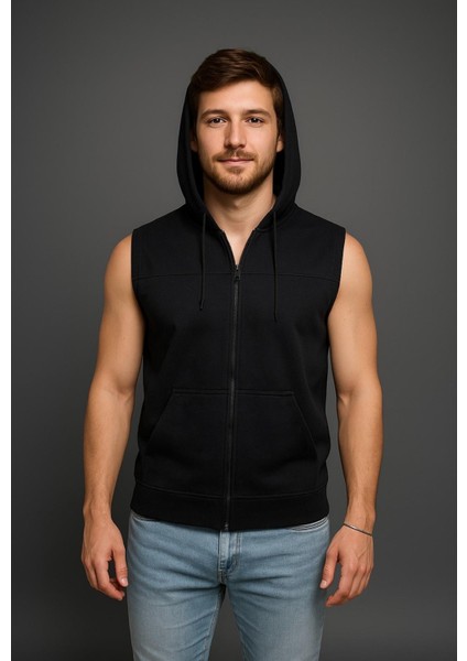 Erkek Siyah Fermuarlı Kapüşonlu Kanguru Cepli Kolsuz Yelek-Y1142