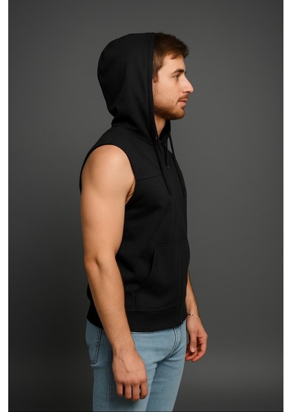 Erkek Siyah Fermuarlı Kapüşonlu Kanguru Cepli Kolsuz Yelek-Y1142 fiyatları