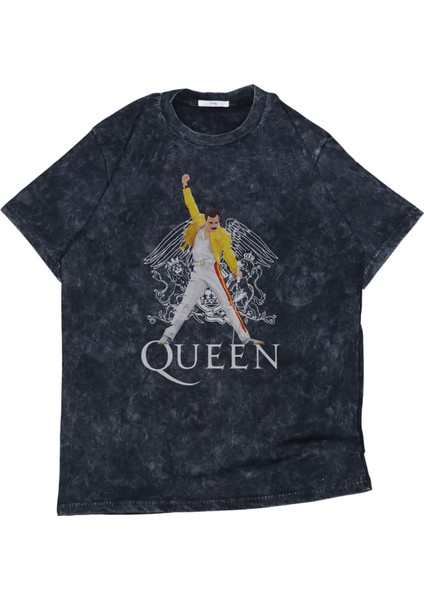 Unisex Queen Freddie Mercury Baskılı Yıkamalı Tişört, Oversize Rock-Metal Baskılı Retro T-Shirt