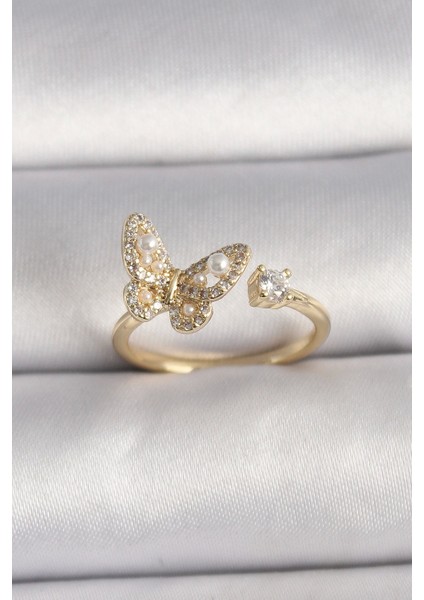 Pirinç Gold Renk Zirkon Taşlı Kelebek Model Inci Detay Ayarlanabilir Yüzük