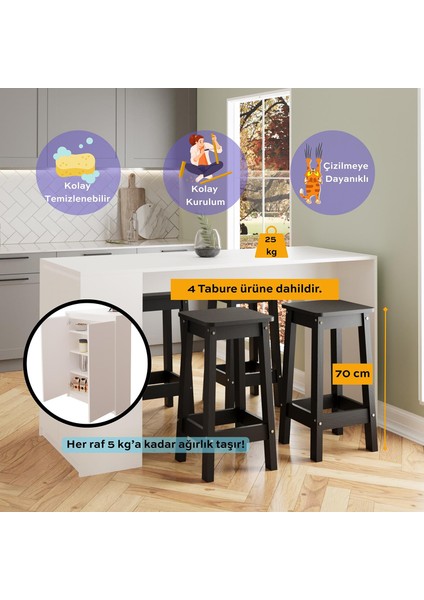 Edgar G4831 4 Adet Siyah Tabureli Mutfak Adası Beyaz Karşılıklı Oturmalı Depolamalı Çok Amaçlı Masa fiyatları