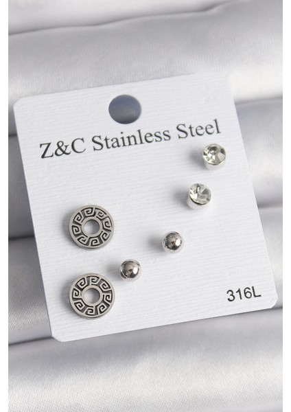 316L Çelik Gümüş Renk Zirkon Taşlı Labirent Model Kadın Küpe Seti