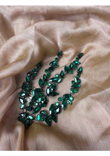 Abiye Taşlı Büyük Swarovski Gelin Nişan Toka Gelin Tacı Yaprak Desenli