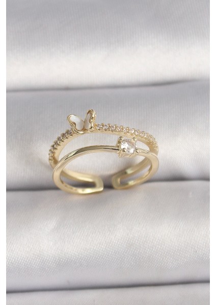 Pirinç Gold Renk Zirkon Taş Detaylı Kelebek Figür Ayarlanabilir Yüzük