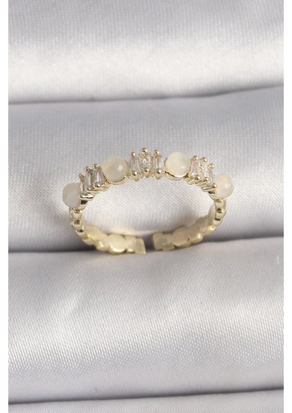 Pirinç Gold Renk Zirkon Taşlı Beyaz Mineli Ayarlanabilir Yüzük