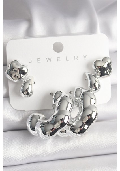 Gümüş Renk Yonca Damla Halka Model Ccb Plastik Kadın Küpe Seti