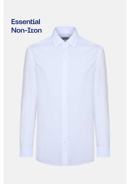 Erkek Beyaz Cooper Fit Non-Iron Kravat Yaka Klasik Gömlek