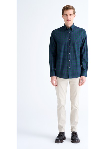 Erkek Yeşil Cooper Fit Ekoseli Düğmeli Yaka Flanel Spor Gömlek fiyatları