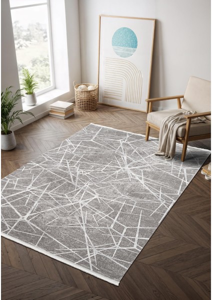 Step SE001G Gri Halı Modern Dekoratif Beyaz Çizgili Pamuk Taban Triko Akrilik Salon Mutfak Halısı