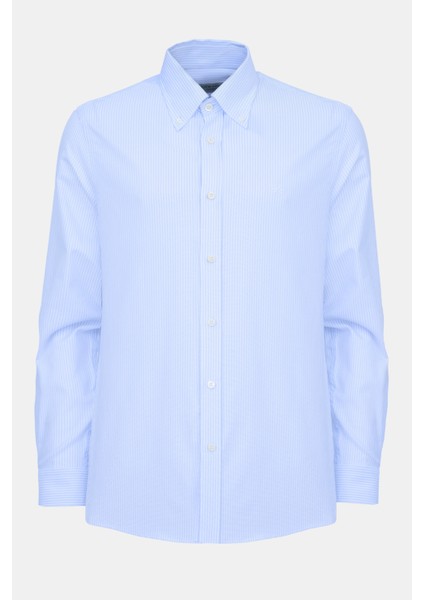 Erkek Mavi Cooper Fit Çizgili Düğmeli Yaka Oxford Spor Gömlek