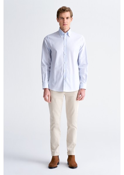 Erkek Mavi Cooper Fit Çizgili Düğmeli Yaka Oxford Spor Gömlek fiyatları