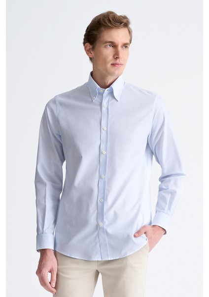 Erkek Mavi Cooper Fit Çizgili Düğmeli Yaka Oxford Spor Gömlek modelleri