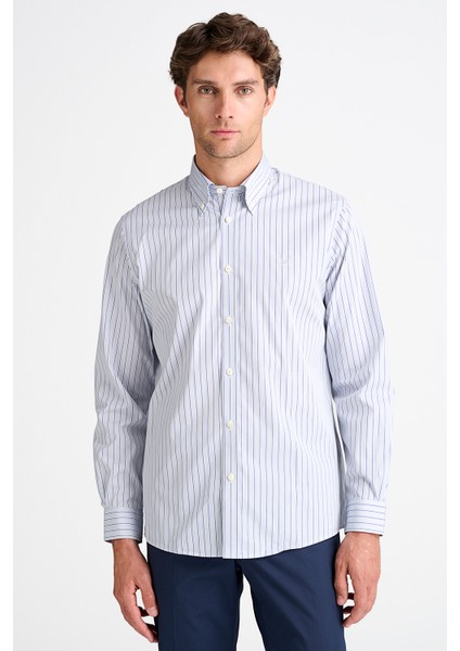 Erkek Gri Cooper Fit Düğmeli Yaka Çizgili Spor Gömlek modelleri