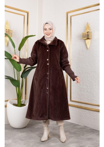 Kadın Astarlı Angora Düğmeli Kahverengi Kaban