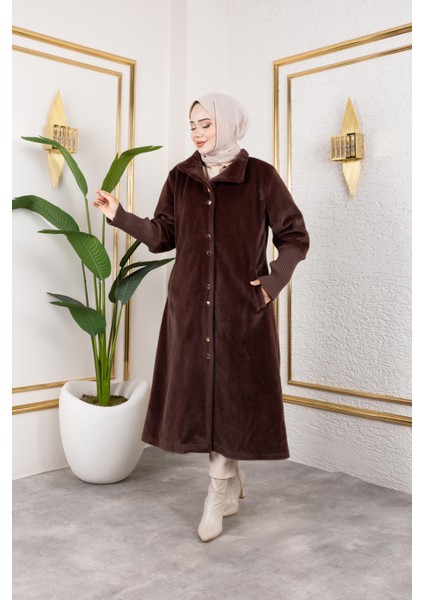 Kadın Astarlı Angora Düğmeli Kahverengi Kaban fiyatları