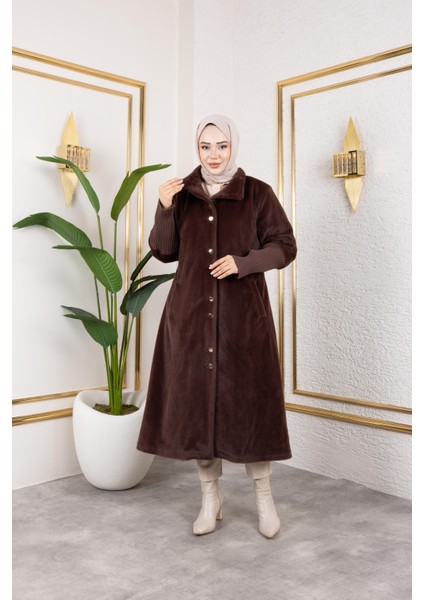 Kadın Astarlı Angora Düğmeli Kahverengi Kaban modelleri