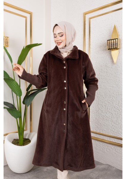 Kadın Astarlı Angora Düğmeli Kahverengi Kaban fırsatları